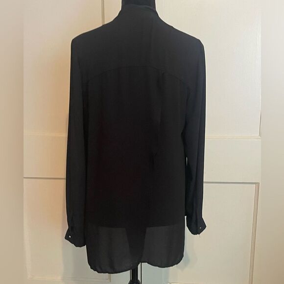 Ladies Zara Semi Sheer Black Shirt Size L Collarless Long Length Gold Buttons - Picture 2 of 6